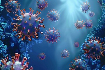 Medical banner COVID 19 infection illustration, respiratory virus cells in 3D