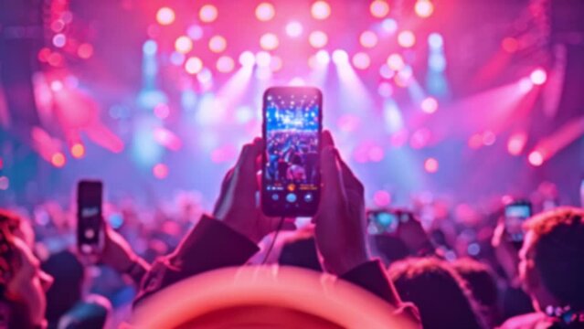 Hand with a smartphone records live music festival and taking photo of concert stage live concert luxury party festival. Blurred effect. 4k video colorful light beams neon