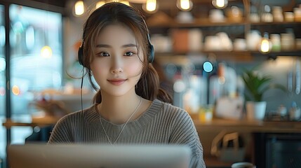 Asian women vendor sit in front of computer, learning course online. Generative AI.
