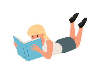 Illustration of a teenage girl absorbed in reading a book while lying on her stomach.