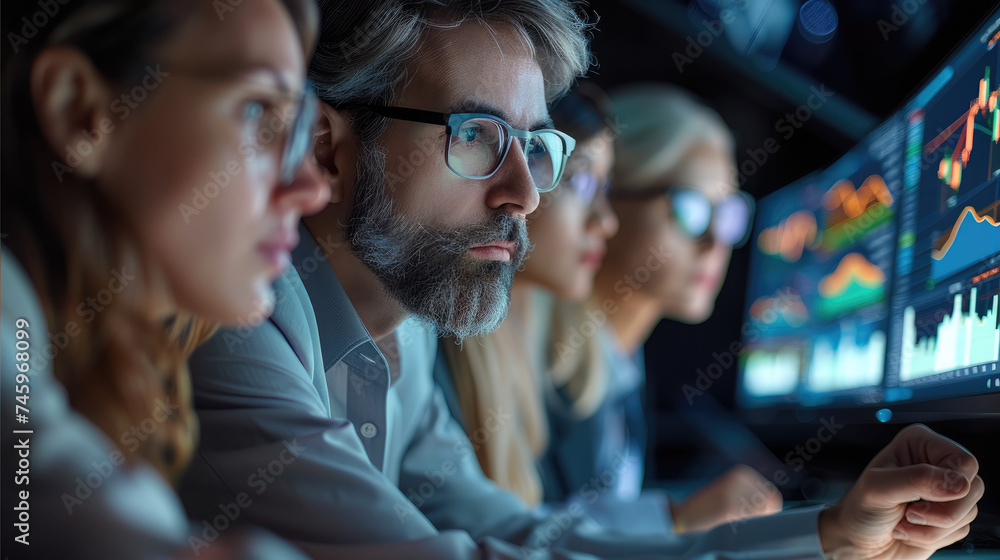 Aufkleber Three experts reviewing a global investment portfolio making a great decision at an algorithmic trading desk. Generative AI.