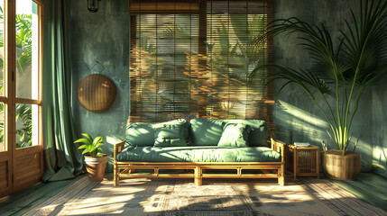 A tropical-style living room with a rattan sofa, a green cushion, a palm tree, and a bamboo curtain.