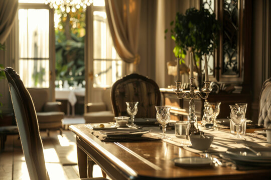 Elegant dining room interior with a polished wooden table.