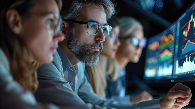 Three experts reviewing a global investment portfolio making a great decision at an algorithmic trading desk. Generative AI.