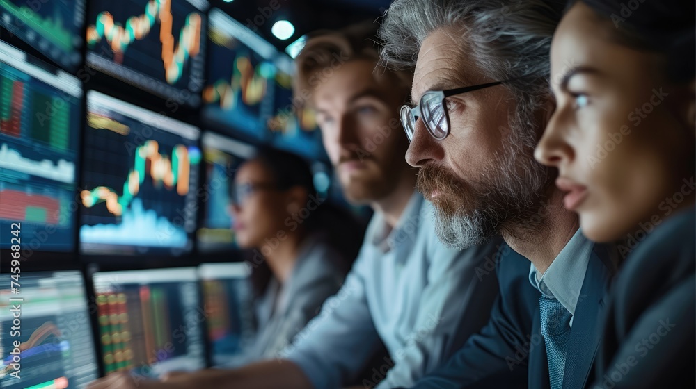 Leinwandbilder three experts reviewing a global investment portfolio making a great decision at an algorithmic trad
