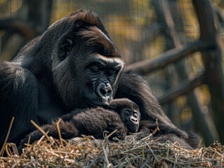 An intimate moment between a gorilla mother and her young in the dappled forest light.