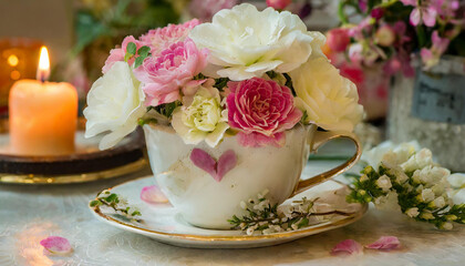 Obraz na płótnie Canvas Beautiful Decorative Image of Flowers and coffee cup