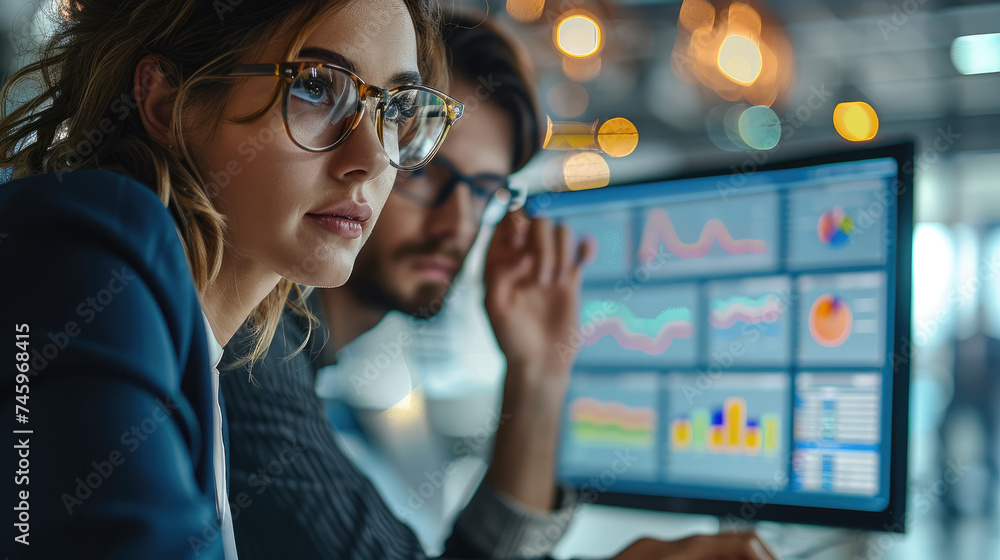 Poster Team of finance professionals is working on film production budgets. deeply focused on a computer screen displaying complex financial spreadsheets. Generative AI.