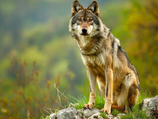 Naklejka na ściany i meble A grey wolf sitting on a rock, looking intently, with autumnal woods in the background.