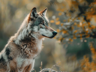 Profile of a grey wolf with autumn leaves blurred in the background, emanating calmness.