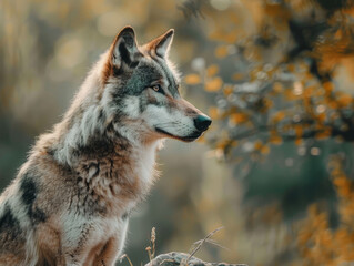 Obraz premium Profile of a grey wolf with autumn leaves blurred in the background, emanating calmness.