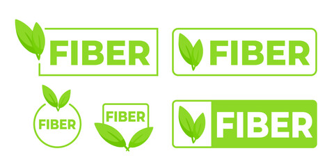 Set of green labels highlighting high fiber content with a fresh leaf design, ideal for health-conscious food branding. - obrazy, fototapety, plakaty