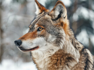 Obraz premium Close-up profile of a grey wolf with snowflakes on its fur, a soft winter backdrop.