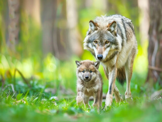 Naklejka na ściany i meble An adult grey wolf and its pup stride forward, with a blurred forest backdrop.