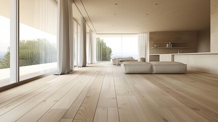 Interior adorned with a wooden texture floor, where clean lines and minimalist aesthetics foster a sense of serenity and clarity