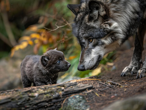 An adult grey wolf and its pup, with a blurred forest backdrop.