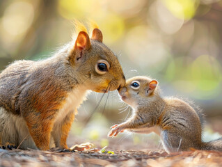 Naklejka na ściany i meble A tender moment between a mother squirrel with her baby in a forest.
