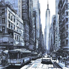 Sketch of a New York cityscape, bustling with people going about their daily lives