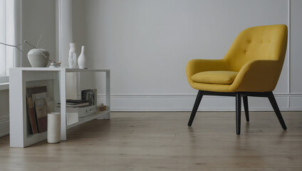Interior setting with a yellow accent chair against a clean white wall. 