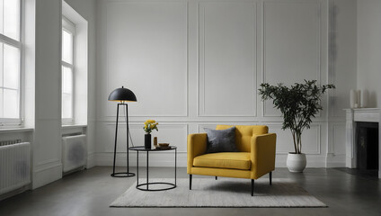 Interior setting with a yellow accent chair against a clean white wall. 