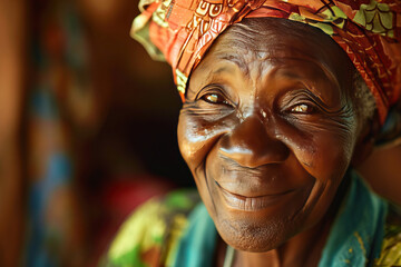 Close-up portrait of an old African woman with wrinkles in traditional clothes - obrazy, fototapety, plakaty