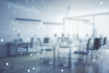 Scientific formula illustration on a modern furnished classroom background, science and research concept. Multiexposure - obrazy, fototapety, plakaty