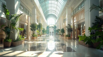 An open-air shopping mall bathed in natural light, featuring large windows that showcase the interior spaces. Generative AI. - obrazy, fototapety, plakaty