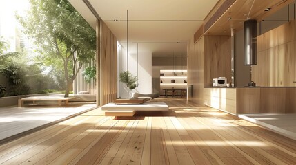 Fototapeta premium Simplicity of an interior adorned with a wooden texture floor, where clean lines and minimalist aesthetics foster a sense of serenity and clarity,