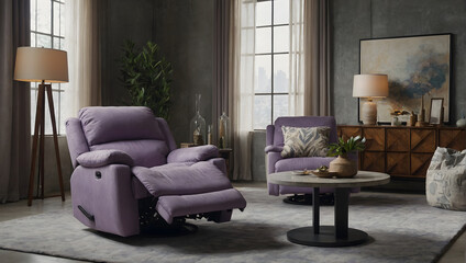 Living room setup with a lavender recliner on a textured concrete wall. 