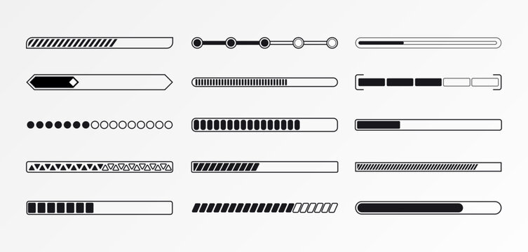 Progress load bar. Indicator of status download. Graphic icons of interface. Neon buttons of speed of upload. Set of web loaders with percent. Futuristic UI for website, game, internet