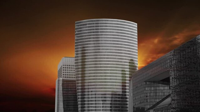 Skyscrapers La Defense against the background of the sunset (4K, time lapse), commercial and business center of Paris, France