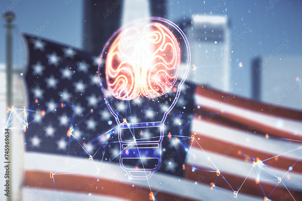 Aufkleber abstract virtual creative light bulb with human brain hologram on us flag and skyline background, ar