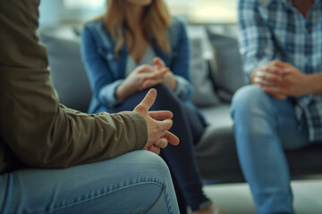 couple relationship therapy with a counselor. Close Up hands of the woman client during a conversation with psychologist to find problems and solution