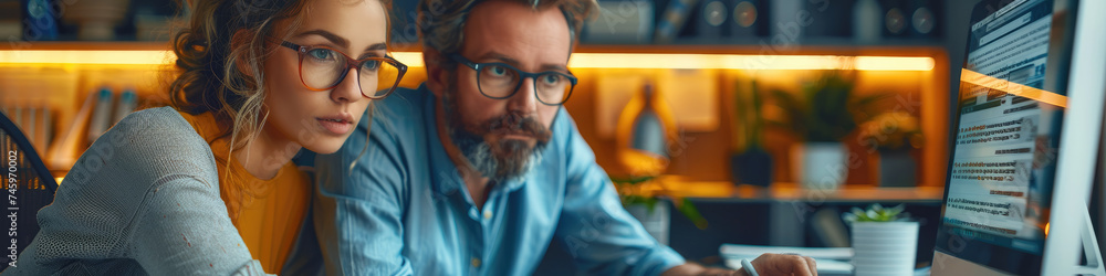Poster Two professionals IT at modern desk, intensely focused on a computer screen with a creative content writing process with highlighted keywords. Generative AI.
