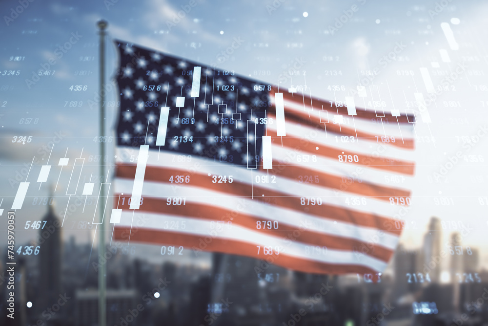 Poster multi exposure of abstract virtual graphic data spreadsheet sketch on us flag and skyline background