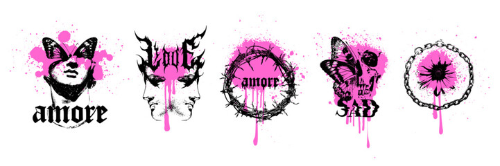 Y2k gothic sticker vector set, dark love tattoo print, emo vintage texture grunge design element. Love fashion composition butterfly silhouette, noise texture metal music cover poster. Gothic sticker