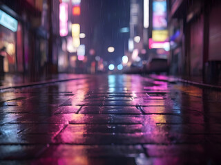 A rain-soaked city street, neon reflections shimmering on the pavement