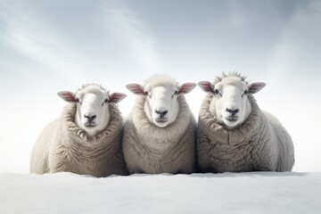 Obraz premium Cute Sheep and lambs graze peacefully in a green meadow on a farm during spring