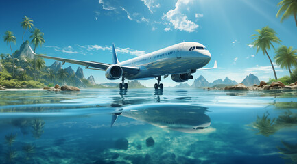 Naklejka premium Bagages traveling ads, luggage in nature, flight booking promotion, last minute adventure - plane travel guide advertising asset illustration