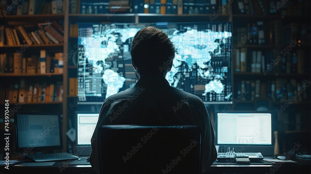 Fototapete Back view of A person is operating a computer with a sense of technology. Generative AI.