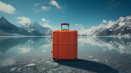 Bagages traveling ads, luggage in nature, flight booking promotion, last minute adventure - plane travel guide advertising asset illustration