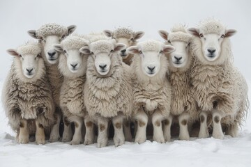 Cute Sheep and lambs graze peacefully in a green meadow on a farm during spring