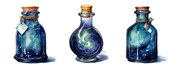 set of watercolor illustrations with magic glass vessels, potion bottles - obrazy, fototapety, plakaty