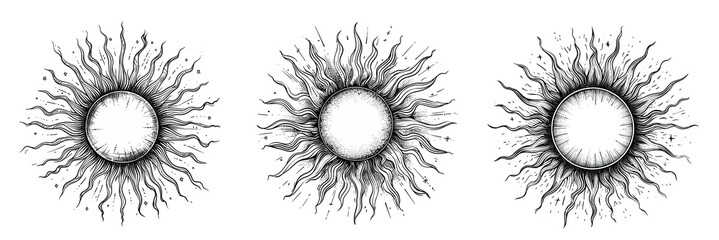 set of graphic illustrations of the sun, in hand drawn style, sketch - obrazy, fototapety, plakaty