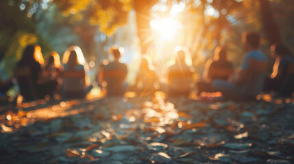 A support group meeting in a park, connecting with nature as a backdrop to facilitate healing and relaxation, mental health support group, blurred background, with copy space