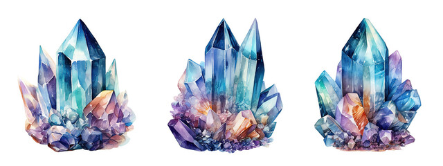 set of watercolor illustrations with magical, multi-colored crystals - obrazy, fototapety, plakaty