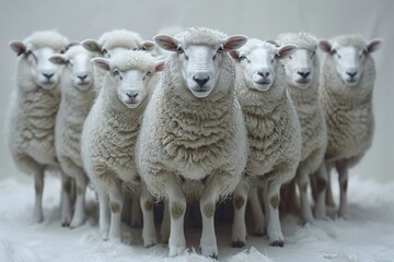 Cute Sheep and lambs graze peacefully in a green meadow on a farm during spring