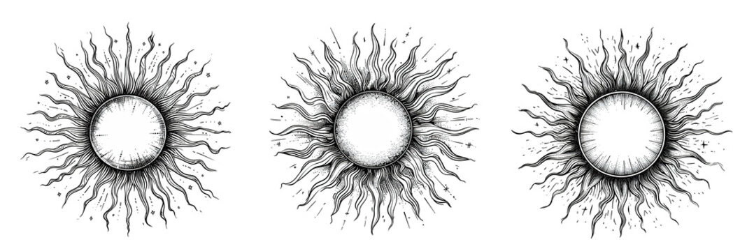 set of graphic illustrations of the sun, in hand drawn style, sketch
