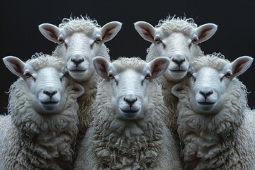 Cute Sheep and lambs graze peacefully in a green meadow on a farm during spring