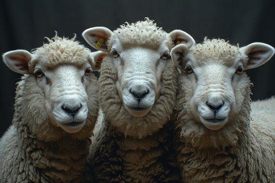 Cute Sheep and lambs graze peacefully in a green meadow on a farm during spring